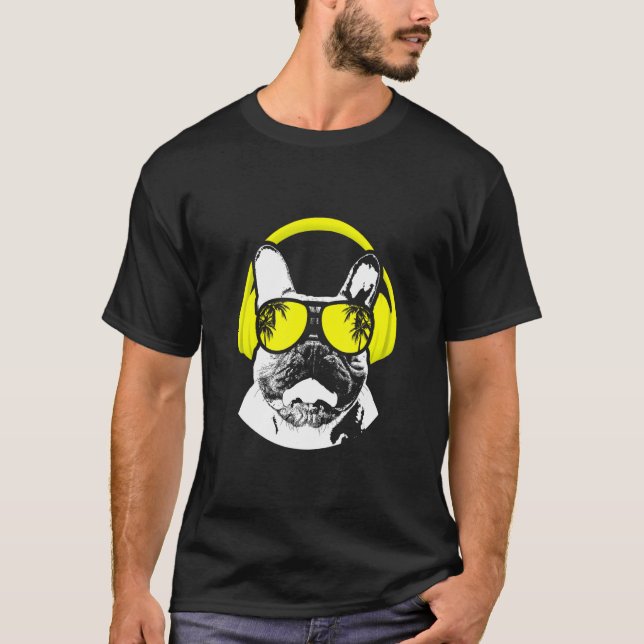 Dog sunglasses headphones party music dog love dog T-Shirt (Front)