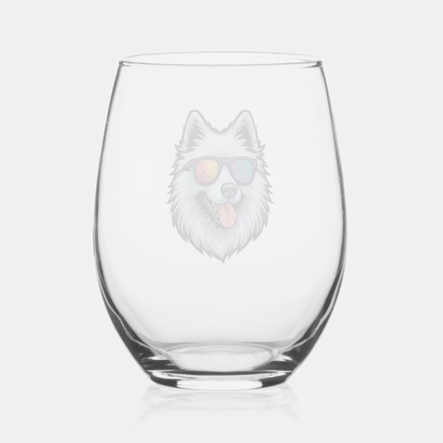 Dog Sunglasses Mountain Sunset Reflection Stemless Wine Glass (Front)
