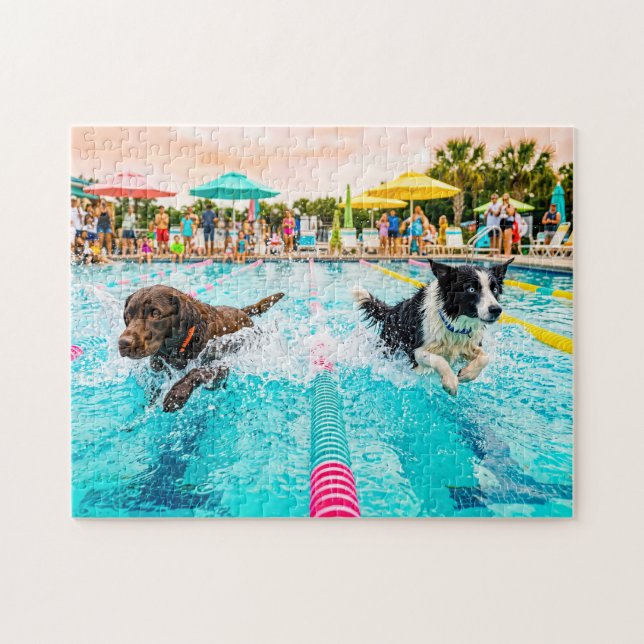 Dog swimming race jigsaw puzzle (Horizontal)