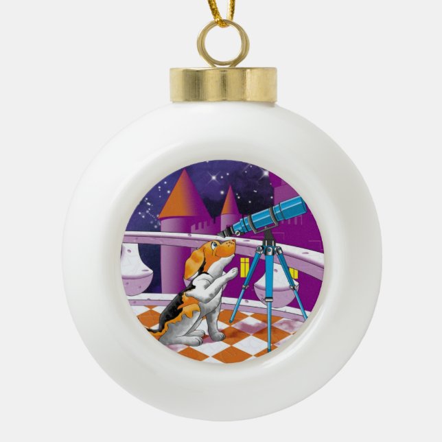 dog telescope ceramic ball christmas ornament (Front)