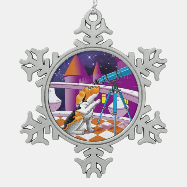 dog telescope snowflake pewter christmas ornament (Front)