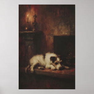Dog Terrier Sleeping Near Fireplace, Cosy Gothic Poster
