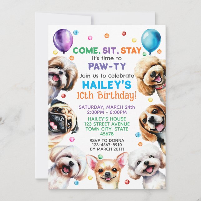 Dog Theme 10th Birthday Party Invitation (Front)