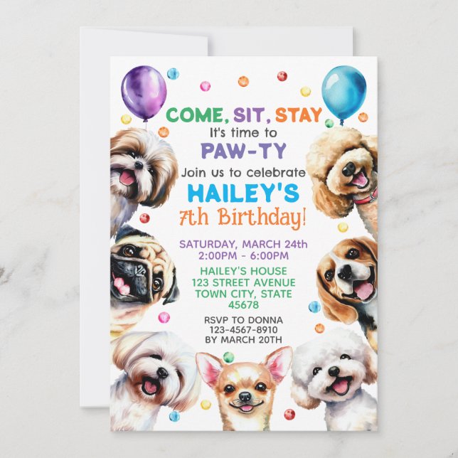 Dog Theme 7th Birthday Party Invitation (Front)