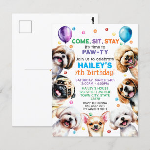 Dog Theme 7th Birthday Party Invitation Postcard