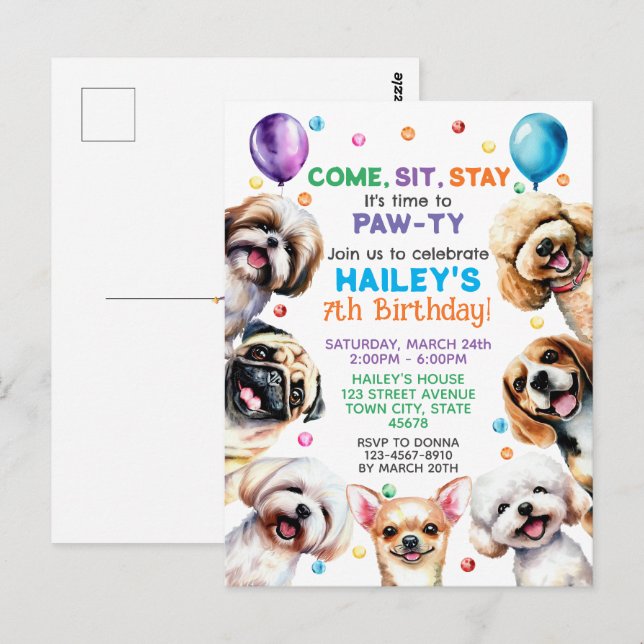 Dog Theme 7th Birthday Party Invitation Postcard (Front/Back)