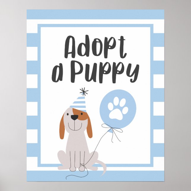 Dog Theme Birthday Party | Adopt A Puppy Sign Blue (Front)