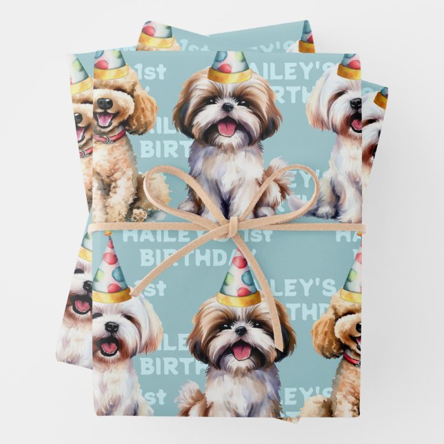 Dog Theme Birthday Party Blue Wrapping Paper Sheet (In situ)
