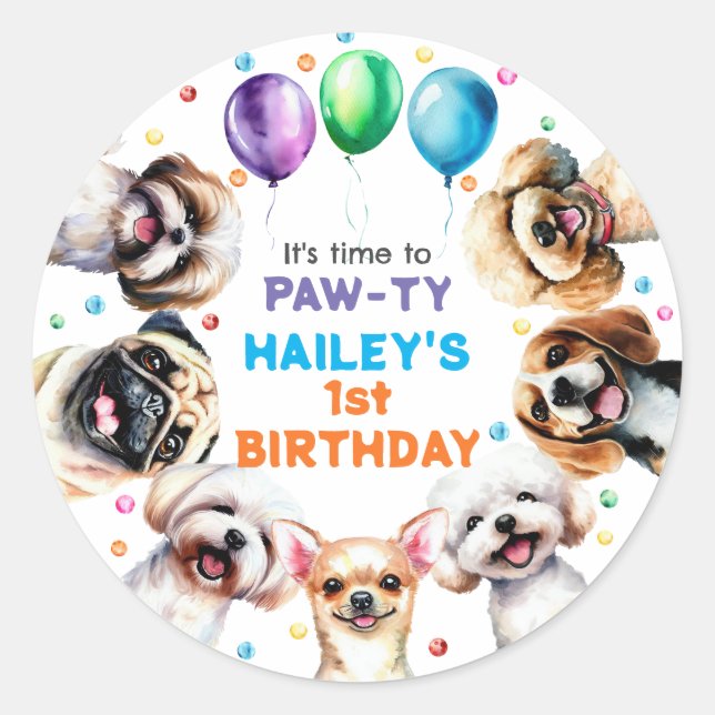 Dog Theme Birthday Party Classic Round Sticker (Front)