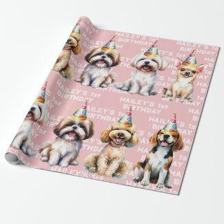 Dog Theme Birthday Party Pink Wrapping Paper
