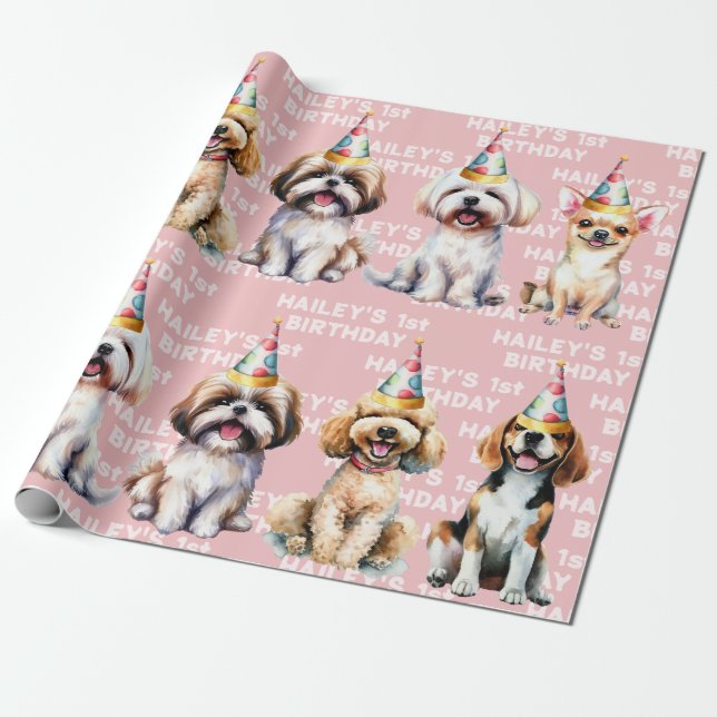 Dog Theme Birthday Party Pink Wrapping Paper (Unrolled)