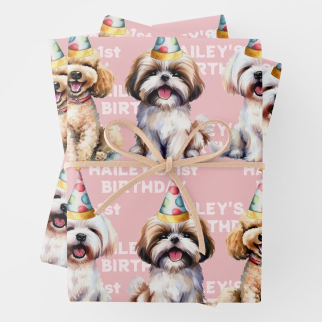 Dog Theme Birthday Party Pink Wrapping Paper Sheet (In situ)