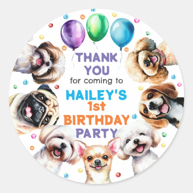 Dog Theme Birthday Party Thank You Classic Round Sticker (Front)