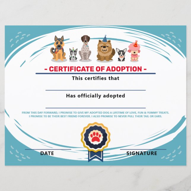 dog themed birthday puppy adoption certificate (Front)