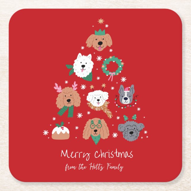 Dog Themed Red Christmas Square Paper Coaster (Front)