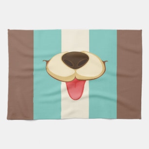 Dog Tongue, Nose On Vintage Retro Blue Cream Brown Tea Towel