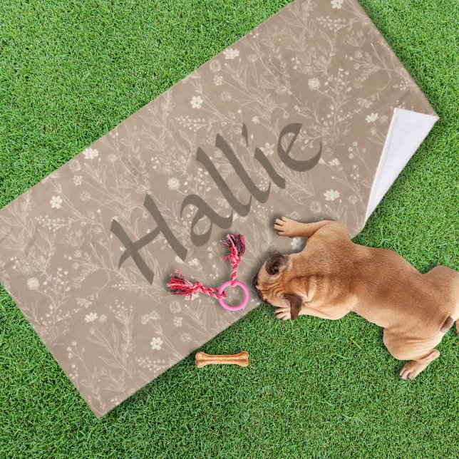 Dog Towel - Brown Botanical, Personalised (Personalized Brown Botanical Pet Towel)