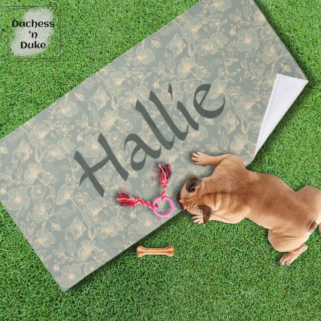 Dog Towel - Sage Green Botanical, Personalised  (Personalized Sage Green Botanical Pet Towel on green lawn and puppy with toys)