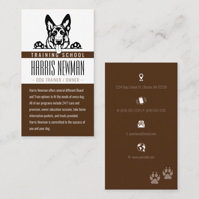 Dog Trainer | Dog Training School Deep Brown Business Card (Front/Back)