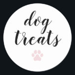Dog Treats Calligraphy Favour Classic Round Sticke Classic Round Sticker<br><div class="desc">Dog Treats Favour Sticker with modern calligraphy for Wedding Welcome Bag. Design features a modern style script text layout. To make advanced changes,  please select "Click to customise further" option under Personalise this template.</div>