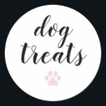 Dog Treats Calligraphy Favour Classic Round Sticke Classic Round Sticker<br><div class="desc">Dog Treats Favour Sticker with modern calligraphy for Wedding Welcome Bag. Design features a modern style script text layout. To make advanced changes,  please select "Click to customise further" option under Personalise this template.</div>