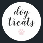 Dog Treats Calligraphy Favour Classic Round Sticke Classic Round Sticker<br><div class="desc">Dog Treats Favour Sticker with modern calligraphy for Wedding Welcome Bag. Design features a modern style script text layout. To make advanced changes,  please select "Click to customise further" option under Personalise this template.</div>
