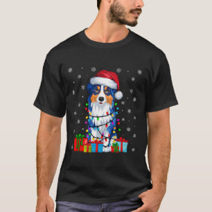 Dog Ugly Xmas Lights Santa Hat Australian Shepherd T-Shirt