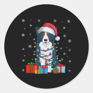 Dog Ugly Xmas Lights Santa Hat Border Collie Dog C Classic Round Sticker