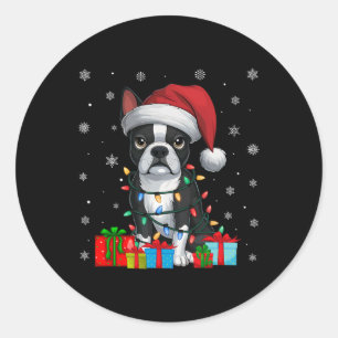 Dog Ugly Xmas Lights Santa Hat Boston Terrier Chri Classic Round Sticker