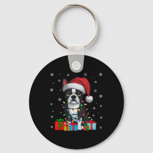 Dog Ugly Xmas Lights Santa Hat Boston Terrier Chri Key Ring