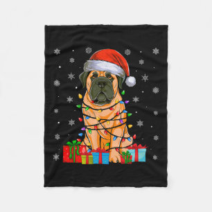 Dog Ugly Xmas Lights Santa Hat English Mastiff Dog Fleece Blanket