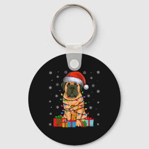 Dog Ugly Xmas Lights Santa Hat English Mastiff Dog Key Ring