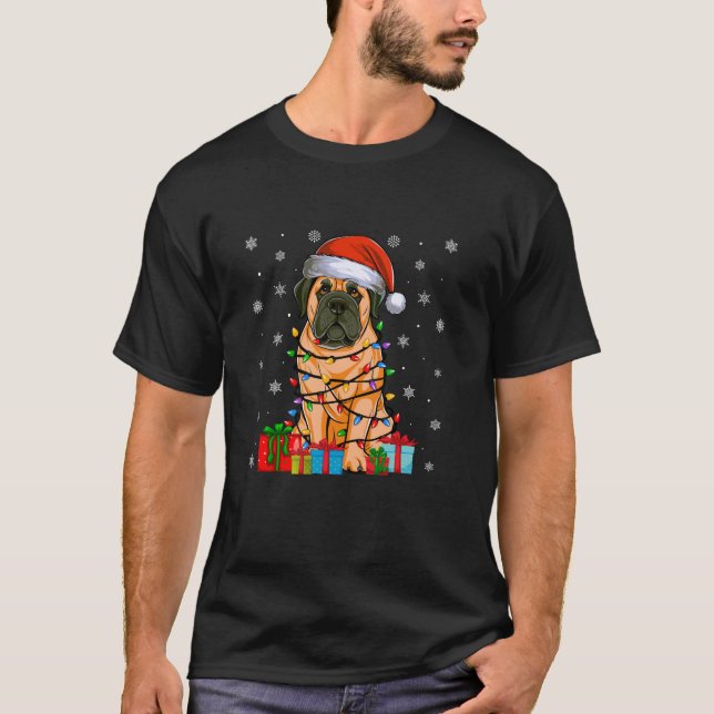 Dog Ugly Xmas Lights Santa Hat English Mastiff Dog T-Shirt (Front)