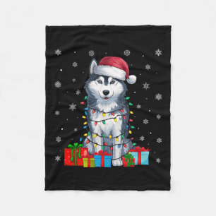 Dog Ugly Xmas Lights Santa Hat Siberian Husky Dog Fleece Blanket