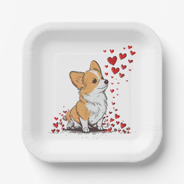 Dog Valentine Cute Corgi Valentine s Day Paper Plate (Front)