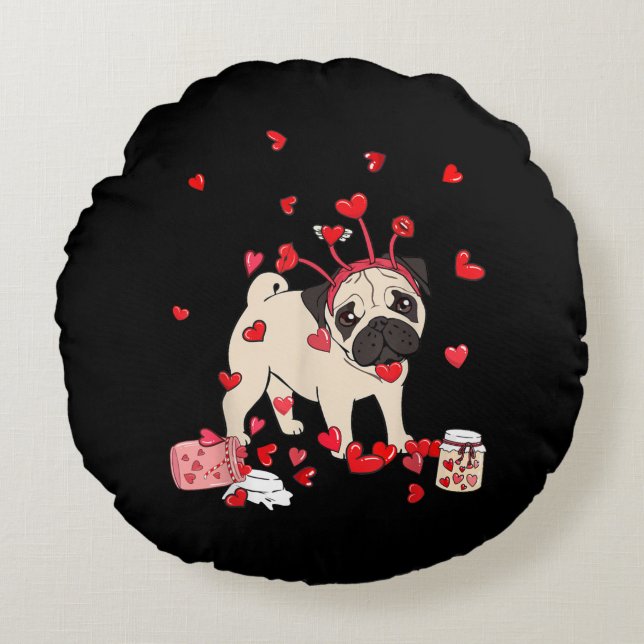 Dog Valentine Gift | Cute Pug Valentine's Day Round Cushion (Front)
