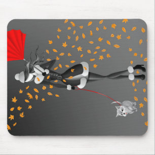 Dog Walker Autumn Leaves  Black  Mouse Mat