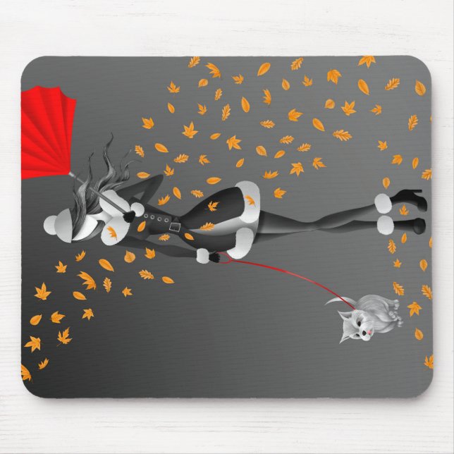 Dog Walker Autumn Leaves  Black  Mouse Mat (Front)
