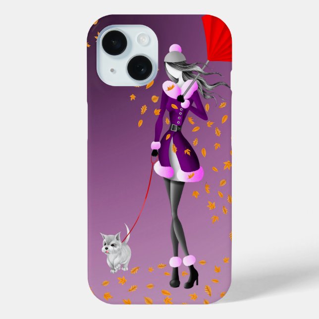 Dog Walker & Autumn Leaves iPhone Case (Back)