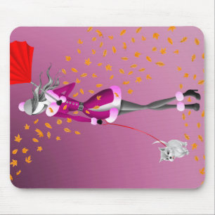Dog Walker Autumn Leaves Pink Mouse Mat