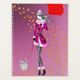 Dog Walker Autumn Leaves Pink Planner