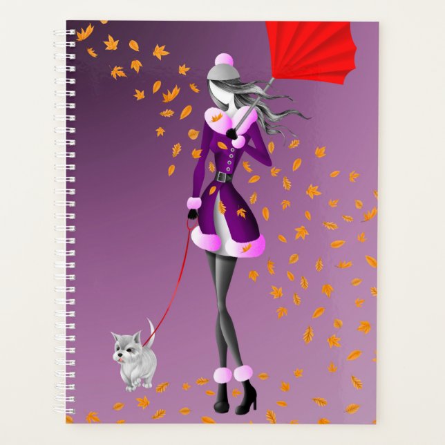 Dog Walker Autumn Leaves purple Planner (Front)
