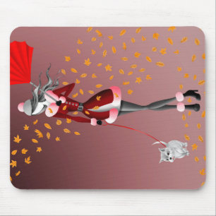 Dog Walker Autumn Leaves  Red Mouse Mat