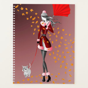 Dog Walker Autumn Leaves Red Planner