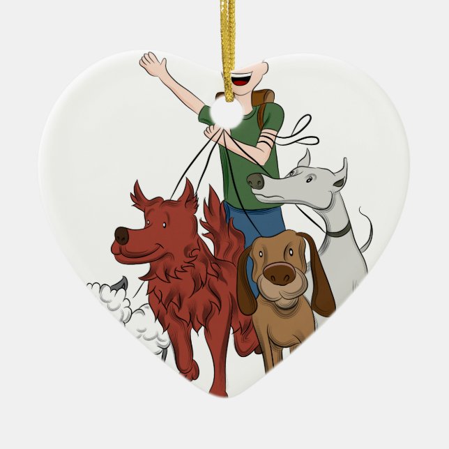 Dog Walker Cartoon Ceramic Tree Decoration (Front)