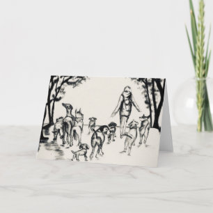 Dog Walker Charcoal Drawing  Card