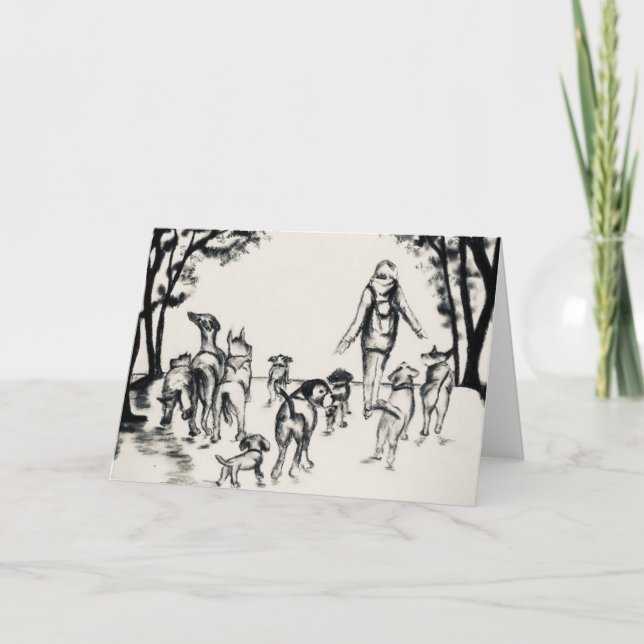 Dog Walker Charcoal Drawing  Card (Front)
