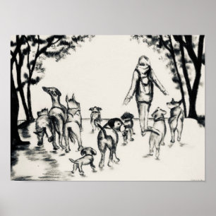 Dog Walker Charcoal Drawing  Poster