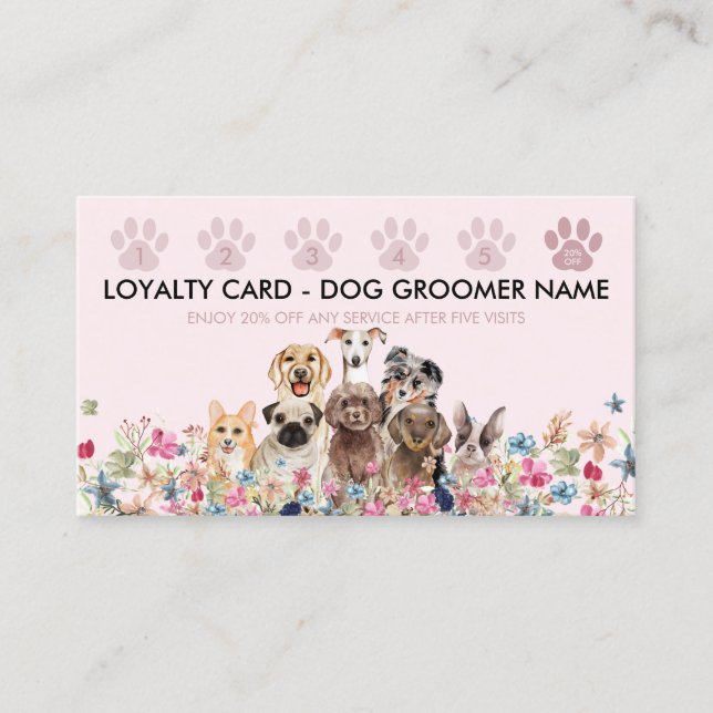 Dog Walker Groomer Loyalty | Pink Pet Rewards Business Card (Front)