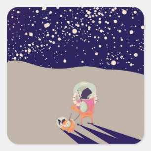 Dog Walker on the moon vintage cartoon Square Sticker